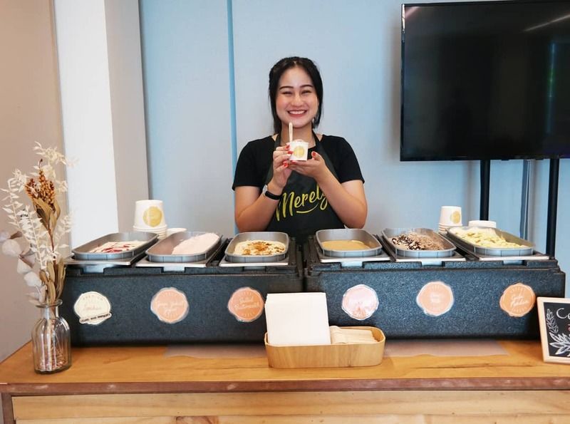 Woman serving handmade ice cream at a dinner and dance