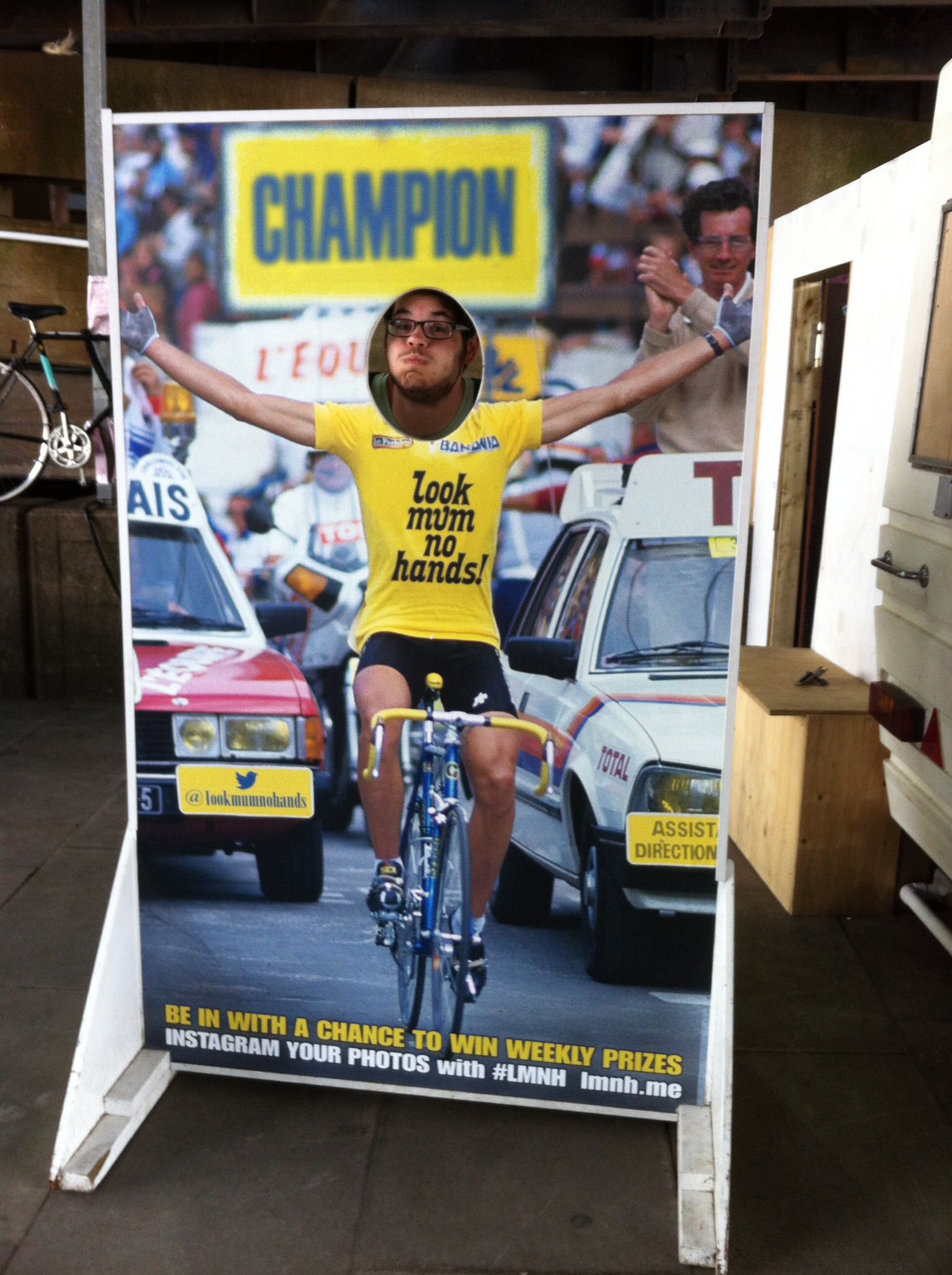 Cyclist backdrop background cafe cut-out promotional poster posing for photoshoot photobooth event stand